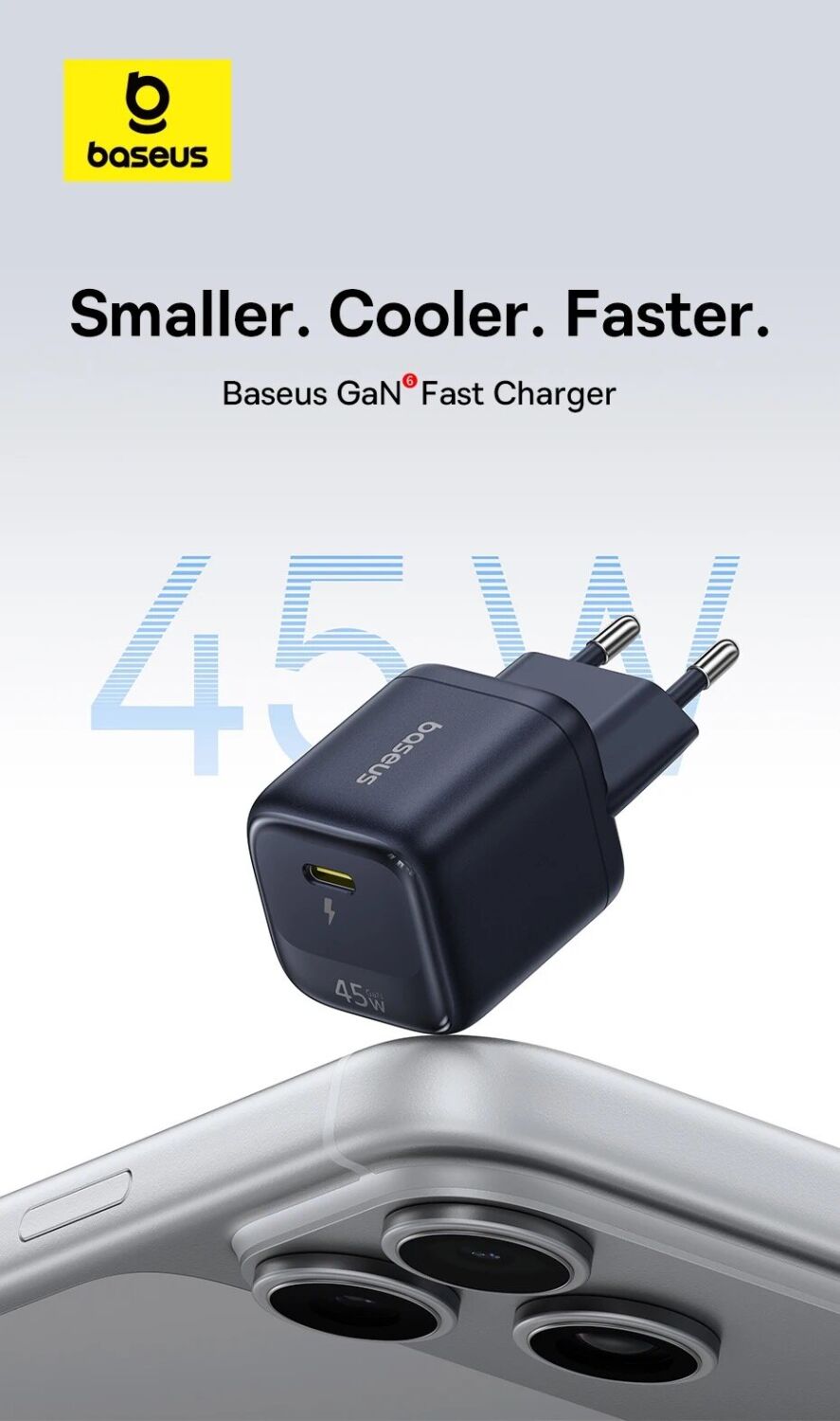Сетевое зарядное устройство Baseus EnerFill FN22 45W (Type-C) E0123300 - Black. Фото 4 Сетевое зарядное устройство Baseus EnerFill FN22 45W (Type-C) E0123300 - Black (995697B). Фото 4 из 13