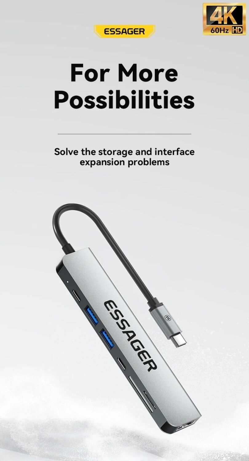 USB HUB ESSAGER QingHong 7 in 1 (EHB07-QH0G-Z) - Grey. Фото 2 USB HUB ESSAGER QingHong 7 in 1 (EHB07-QH0G-Z) - Grey (982801H). Фото 2 из 3