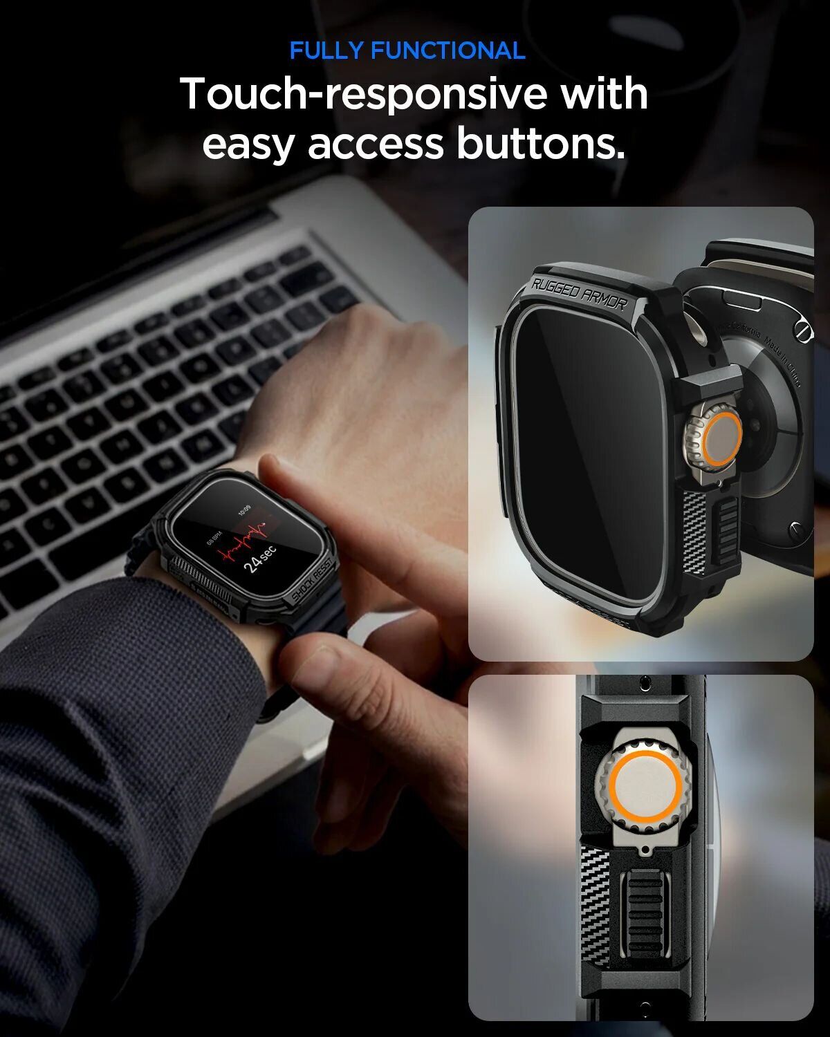 Захисний комплект Spigen Rugged Armor + Tempered Glass для Apple Watch Ultra / Ultra 2 / Ultra 3 (49mm) ACS11414 - Matte Black. Фото 8 Захисний комплект Spigen Rugged Armor + Tempered Glass для Apple Watch Ultra / Ultra 2 / Ultra 3 (49mm) ACS11414 - Matte Black (304651MB). Фото 8 з 10