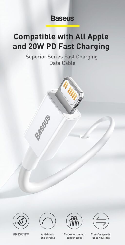 倍思Superior系列Type-C转Lightning连接线 (20W, 1m) CATLYS-A02 - 白色 (895775W) - ціна, фото, огляд