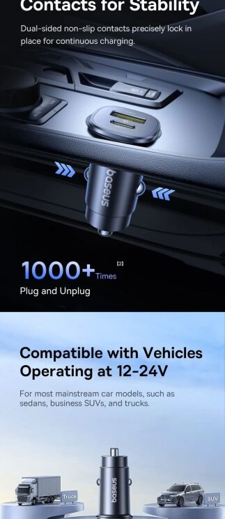Автомобильное зарядное устройство Baseus GoTrip DP1 (2Type-C) 30W (C00072300123-01) - Black: фото 15 из 18