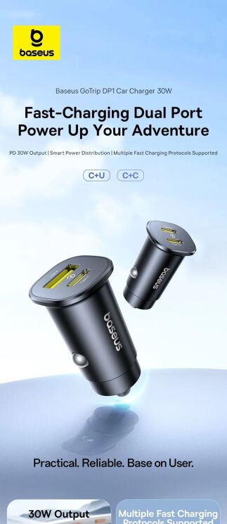 Автомобильное зарядное устройство Baseus GoTrip DP1 (2Type-C) 30W (C00072300123-01) - Black: фото 7 из 18