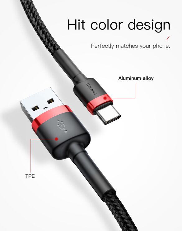 Дата-кабель BASEUS Kevlar Series Type-C 2A (2м) - Black / Red: фото 17 з 20