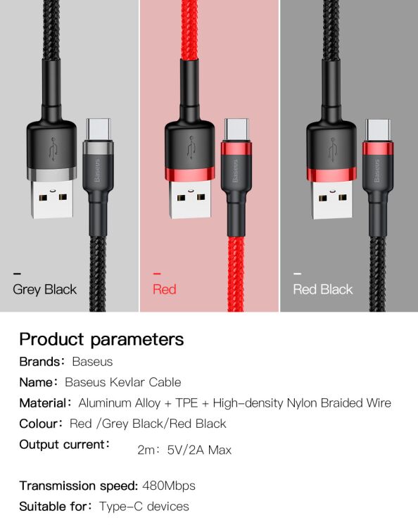 Дата-кабель BASEUS Kevlar Series Type-C 2A (2м) - Black / Red: фото 20 з 20