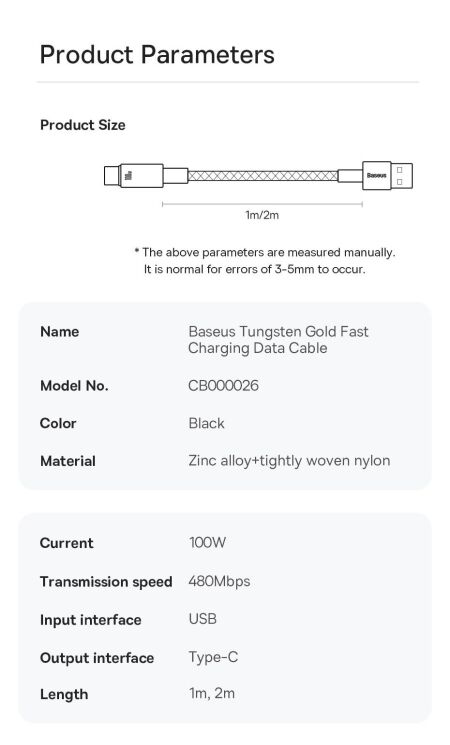 Кабель Baseus Tungsten Gold USB to Type-C (100W, 1m) CAWJ000001 - Black (896278B) Кабель Baseus Tungsten Gold USB to Type-C (100W, 1m) CAWJ000001 - Black: фото 20 з 22