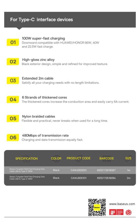 Кабель Baseus Tungsten Gold USB to Type-C (100W, 1m) CAWJ000001 - Black (896278B) Кабель Baseus Tungsten Gold USB to Type-C (100W, 1m) CAWJ000001 - Black: фото 22 з 22