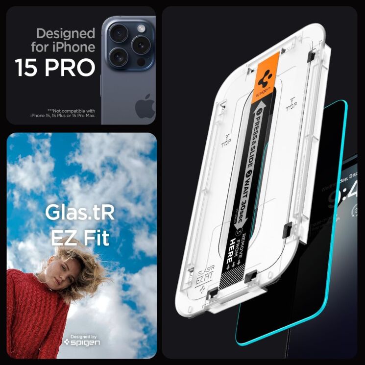Комплект захисних стекол Spigen (SGP) GLAS.tR EZ Fit Privacy для Apple iPhone 15 Pro: фото 2 з 8