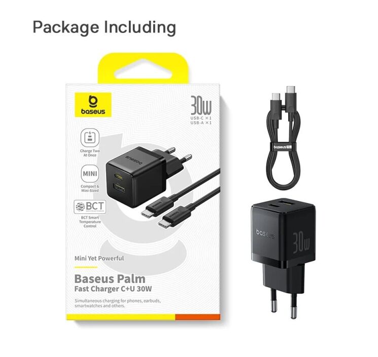 Сетевое зарядное устройство Baseus Palm C+U (30W) + кабель Type-C to Type-C (P1011160A113-01) - Black: фото 18 из 19