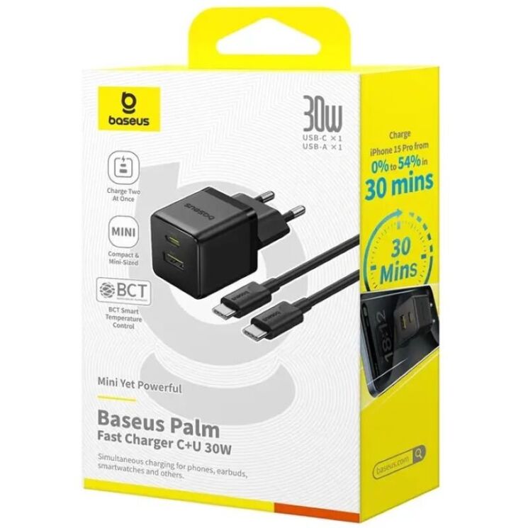 Сетевое зарядное устройство Baseus Palm C+U (30W) + кабель Type-C to Type-C (P1011160A113-01) - Black: фото 6 из 19