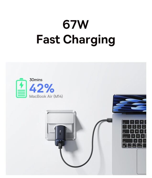 Сетевое зарядное устройство Baseus PicoGo AE11 2C+U (67W) E0121200 - Black: фото 6 из 22