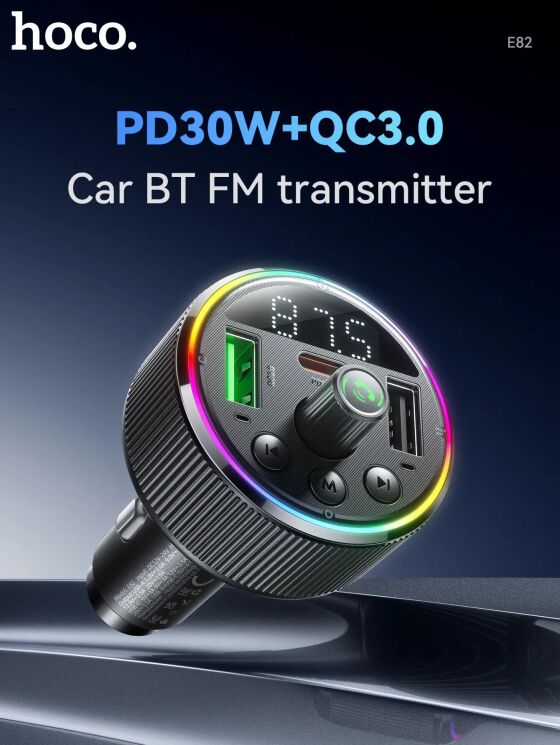 FM модулятор Hoco E82 Guerrero PD30W+QC3.0 - Black: фото 6 из 14