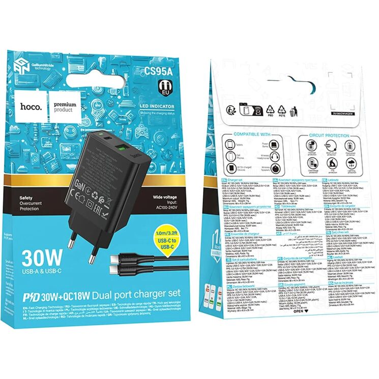 Мережевий зарядний пристрій Hoco CS95A PD30W + QC3.0 + кабель Type-C to Type-C - Black: фото 7 з 9