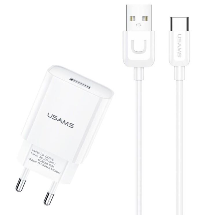Мережевий зарядний пристрій USAMS T21 Travel Charger + кабель Type-C - White: фото 1 з 8