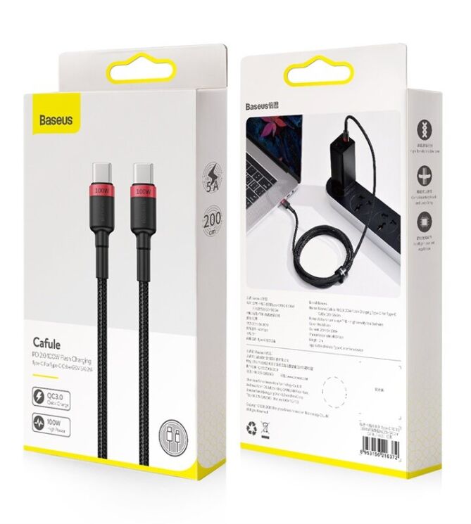 Кабель Baseus Cafule Type-C to Type-C (100W, 5A, 2m) CATKLF-AL91 - Black / Red: фото 24 из 24