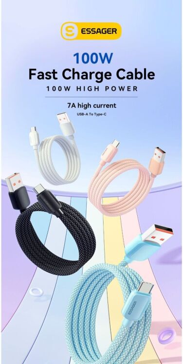 Кабель ESSAGER Breeze USB to Type-C (100W, 2m) EXC7A-WLA01-P - Black: фото 2 из 8