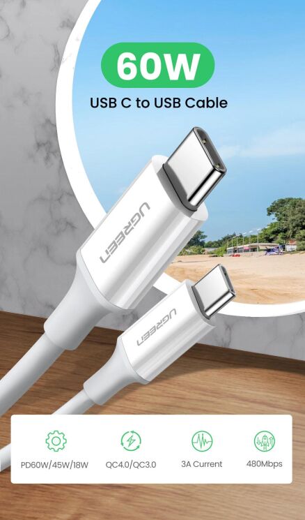 Кабель UGREEN US264 Type-C to Type-C (60W, 3A, 2m) - White: фото 3 з 14