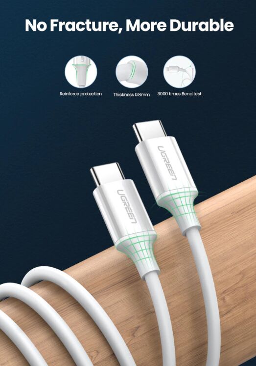 Кабель UGREEN US264 Type-C to Type-C (60W, 3A, 2m) - White: фото 11 з 14