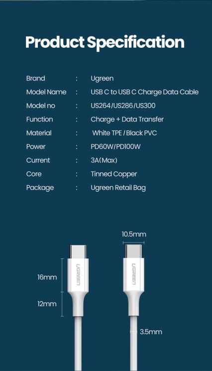 Кабель UGREEN US264 Type-C to Type-C (60W, 3A, 2m) - White: фото 13 з 14