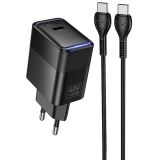 Сетевое зарядное устройство Hoco CS113A Lounge PD40W (Type-C) + кабель Type-C to Type-C - Black: фото 1 из 5