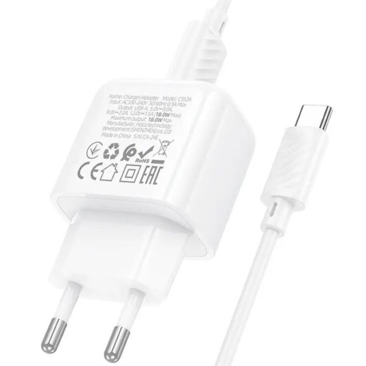 Мережевий зарядний пристрій Hoco CS52A QC3.0 18W (1USB) + кабель USB to Type-C - White (960186W) Мережевий зарядний пристрій Hoco CS52A QC3.0 18W (1USB) + кабель USB to Type-C - White: фото 5 з 7