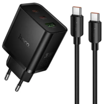 Мережевий зарядний пристрій Hoco N75 GaN 65W + QC3.0 (2Type-C + USB) + кабель Type-C to Type-C - Black: фото 1 з 7