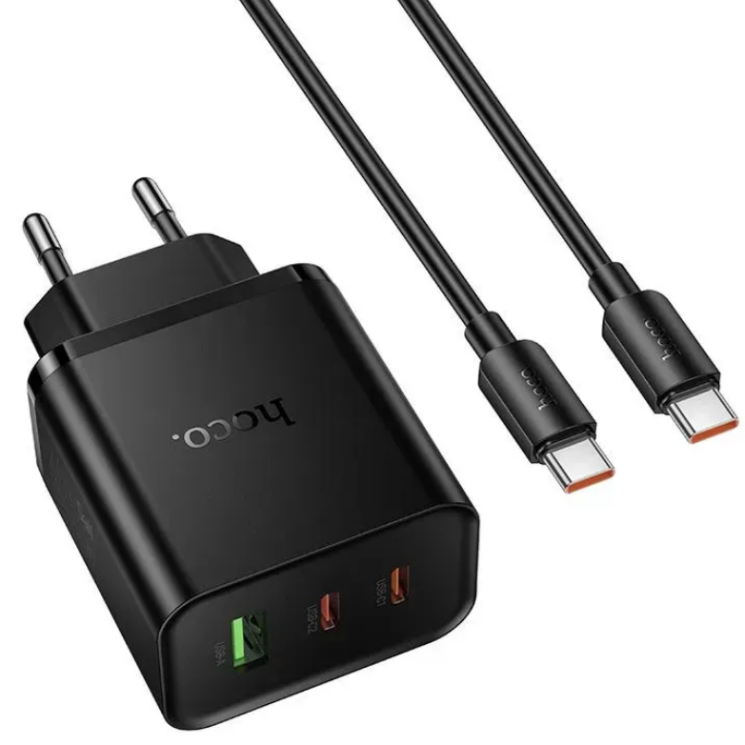 Мережевий зарядний пристрій Hoco N75 GaN 65W + QC3.0 (2Type-C + USB) + кабель Type-C to Type-C - Black (995638B) Мережевий зарядний пристрій Hoco N75 GaN 65W + QC3.0 (2Type-C + USB) + кабель Type-C to Type-C - Black: фото 2 з 7