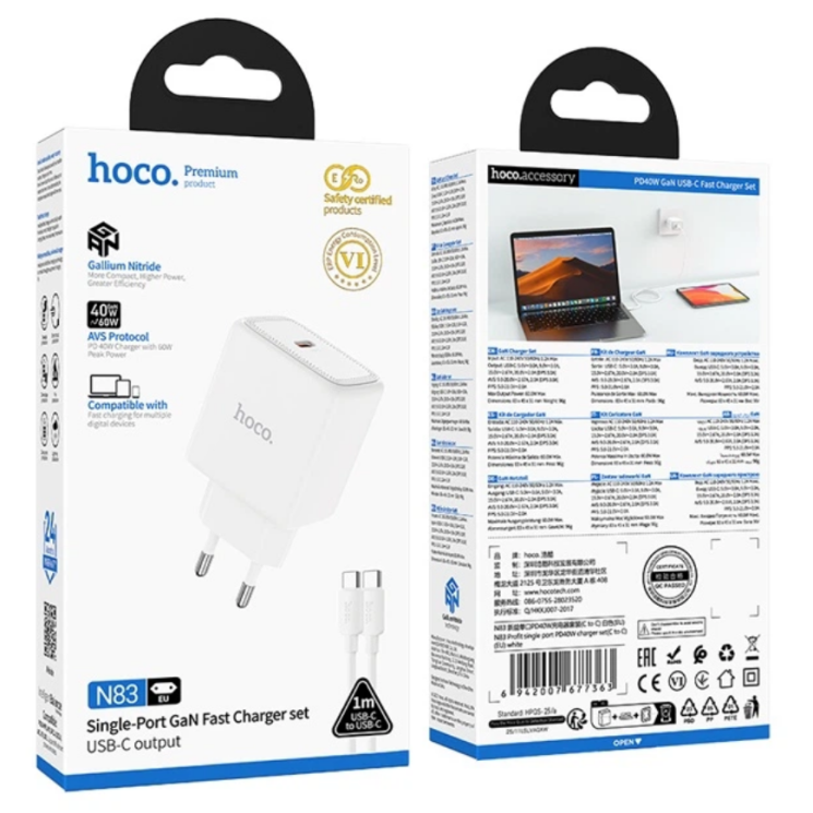 Мережевий зарядний пристрій Hoco N83 PD40W (Type-C) + кабель Type-C to Type-C - White: фото 3 з 3