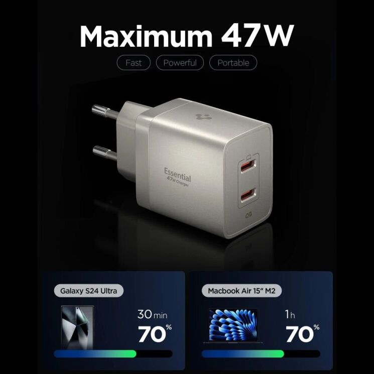 Сетевое зарядное устройство Spigen EE472EU GaN 47W (2Type-C) ACH10450 - Gunmetal: фото 2 из 7