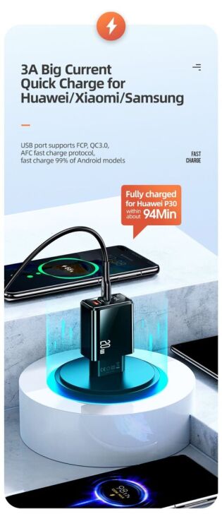 Мережевий зарядний пристрій USAMS CC133 T40 QC3.0 + PD (20W) - Black: фото 8 з 13