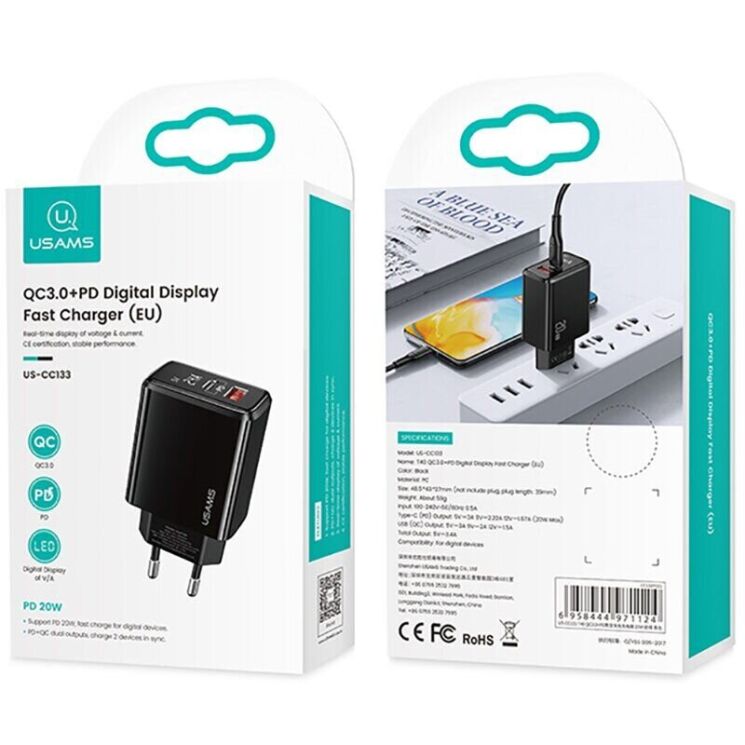 Мережевий зарядний пристрій USAMS CC133 T40 QC3.0 + PD (20W) - Black: фото 3 з 13