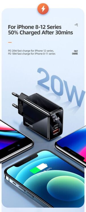 Мережевий зарядний пристрій USAMS CC133 T40 QC3.0 + PD (20W) - Black: фото 6 з 13