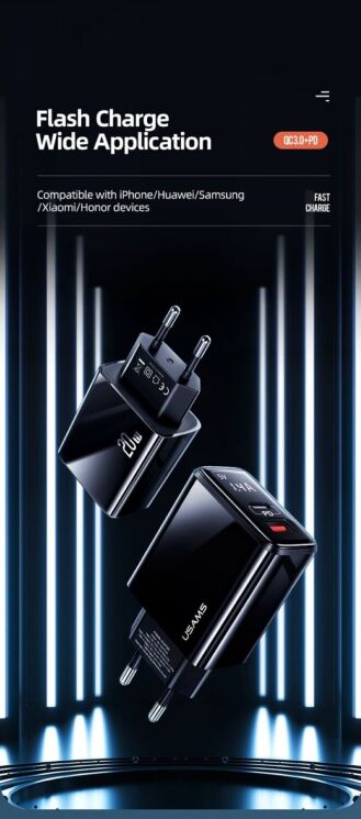 Мережевий зарядний пристрій USAMS CC133 T40 QC3.0 + PD (20W) - Black: фото 4 з 13