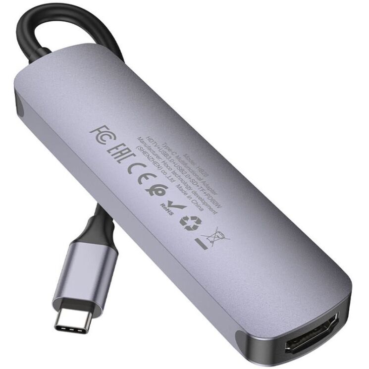 USB HUB Hoco HB28 6 in 1 Multifunctional (Type-C to HDMI+USB3.0+USB2.0+SD+TF+PD) - Metal Gray: фото 6 з 9