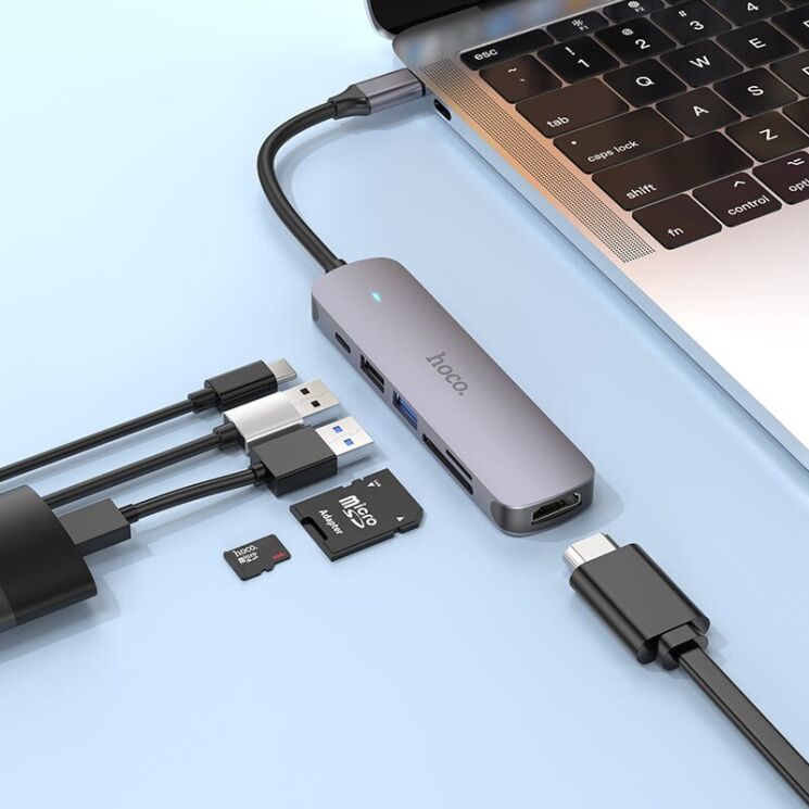 USB HUB Hoco HB28 6 in 1 Multifunctional (Type-C to HDMI+USB3.0+USB2.0+SD+TF+PD) - Metal Gray: фото 8 з 9
