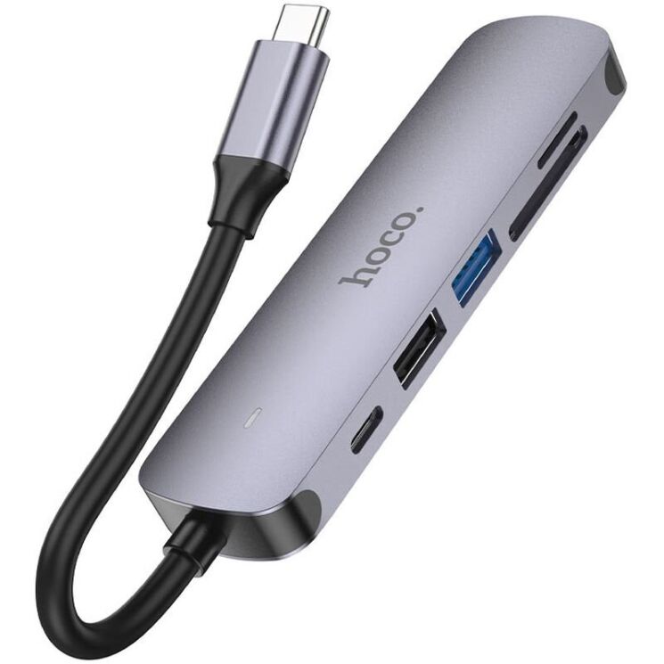 USB HUB Hoco HB28 6 in 1 Multifunctional (Type-C to HDMI+USB3.0+USB2.0+SD+TF+PD) - Metal Gray: фото 5 з 9