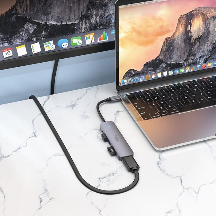 USB HUB Hoco HB28 6 in 1 Multifunctional (Type-C to HDMI+USB3.0+USB2.0+SD+TF+PD) - Metal Gray: фото 9 з 9