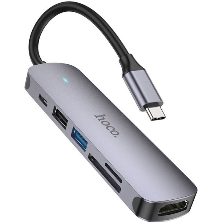 USB HUB Hoco HB28 6 in 1 Multifunctional (Type-C to HDMI+USB3.0+USB2.0+SD+TF+PD) - Metal Gray: фото 1 з 9