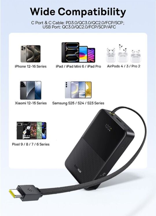 Внешний аккумулятор Baseus EnerFill FC51 Bipow2 Pro 22.5W (10000mAh) + кабель Type-C (E0027600) - Black: фото 10 из 11