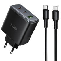 Мережевий зарядний пристрій Hoco C160A GaN 65W + QC3.0 (2Type-C + USB) + кабель Type-C to Type-C - Black: фото 1 з 7