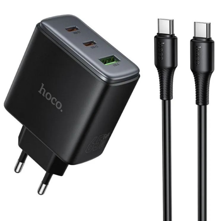 Мережевий зарядний пристрій Hoco C160A GaN 65W + QC3.0 (2Type-C + USB) + кабель Type-C to Type-C - Black (995639B) Мережевий зарядний пристрій Hoco C160A GaN 65W + QC3.0 (2Type-C + USB) + кабель Type-C to Type-C - Black: фото 1 з 7
