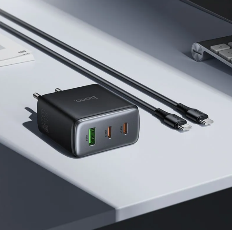 Мережевий зарядний пристрій Hoco C160A GaN 65W + QC3.0 (2Type-C + USB) + кабель Type-C to Type-C - Black (995639B) Мережевий зарядний пристрій Hoco C160A GaN 65W + QC3.0 (2Type-C + USB) + кабель Type-C to Type-C - Black: фото 6 з 7