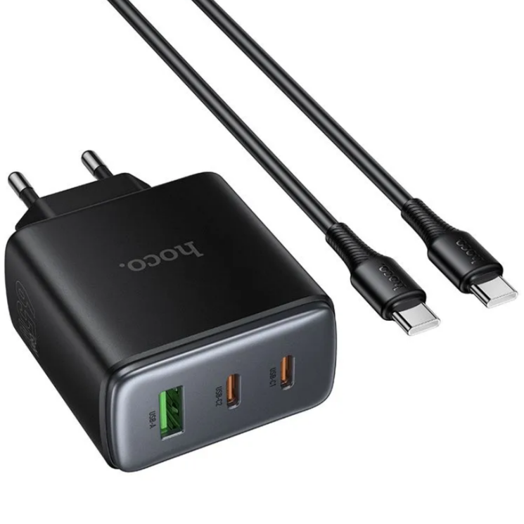 Мережевий зарядний пристрій Hoco C160A GaN 65W + QC3.0 (2Type-C + USB) + кабель Type-C to Type-C - Black (995639B) Мережевий зарядний пристрій Hoco C160A GaN 65W + QC3.0 (2Type-C + USB) + кабель Type-C to Type-C - Black: фото 2 з 7