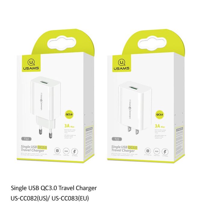 Мережевий зарядний пристрій USAMS US-CC083 T22 Single USB QC3.0 Travel Charger - White: фото 13 з 13