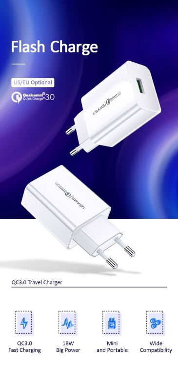 Мережевий зарядний пристрій USAMS US-CC083 T22 Single USB QC3.0 Travel Charger - White: фото 3 з 13