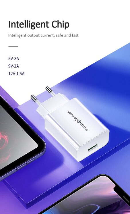 Мережевий зарядний пристрій USAMS US-CC083 T22 Single USB QC3.0 Travel Charger - White: фото 5 з 13