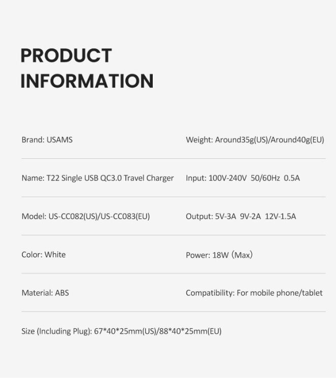 Мережевий зарядний пристрій USAMS US-CC083 T22 Single USB QC3.0 Travel Charger - White: фото 12 з 13