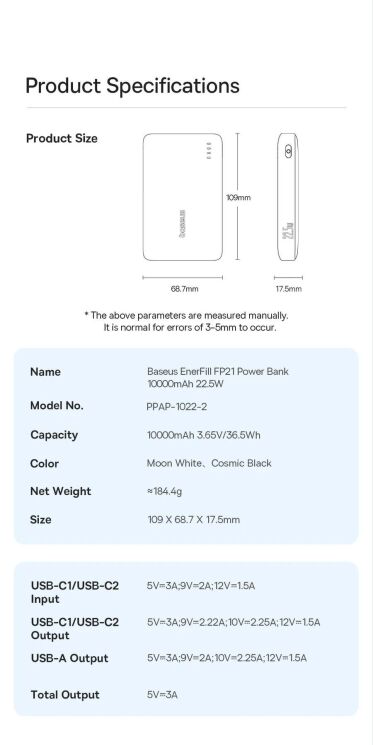 Внешний аккумулятор Baseus EnerFill FP21 22.5W (10000mAh) P1008210D123-00 - Black: фото 16 из 18