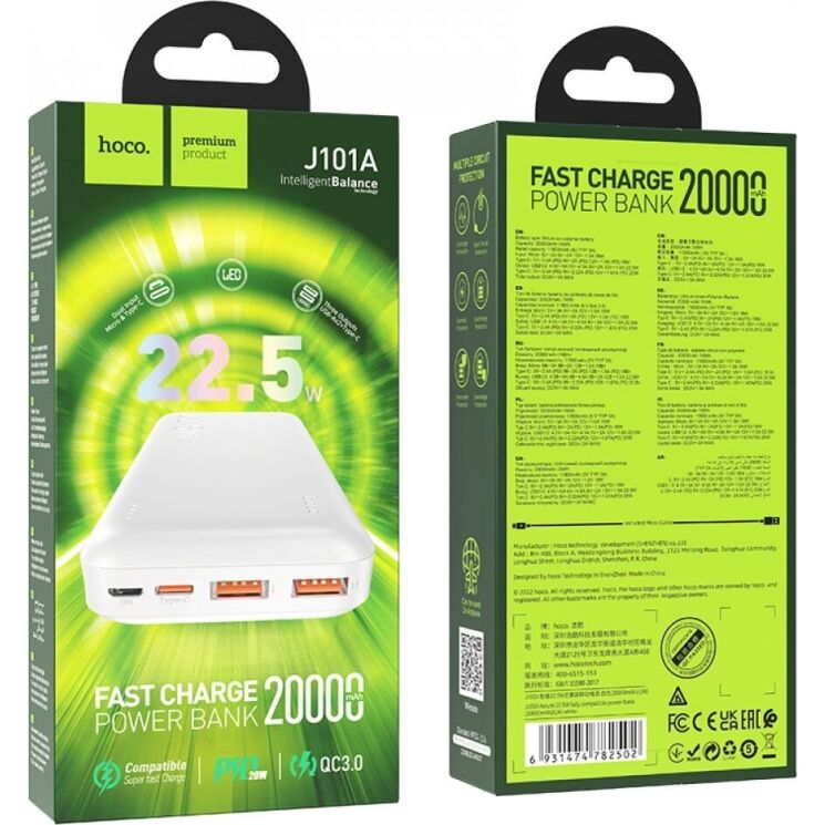 Зовнішній акумулятор Hoco J101A 22.5W (20000mAh) - White: фото 5 з 5