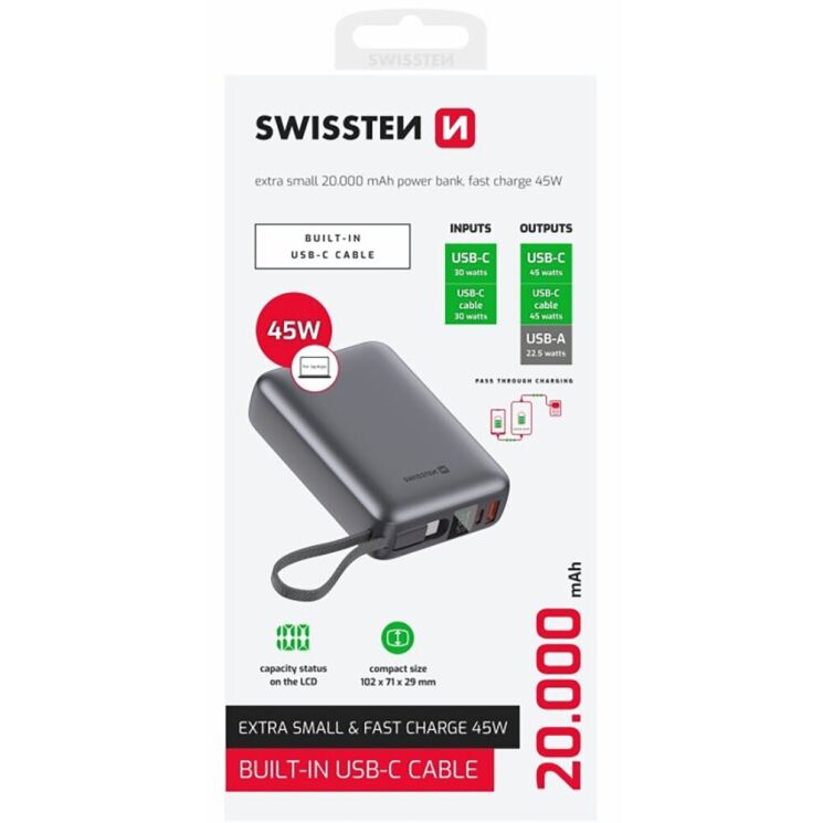 Внешний аккумулятор SWISSTEN Extra Small 45W (20000mAh) + кабель Type-C - Silver: фото 3 из 7