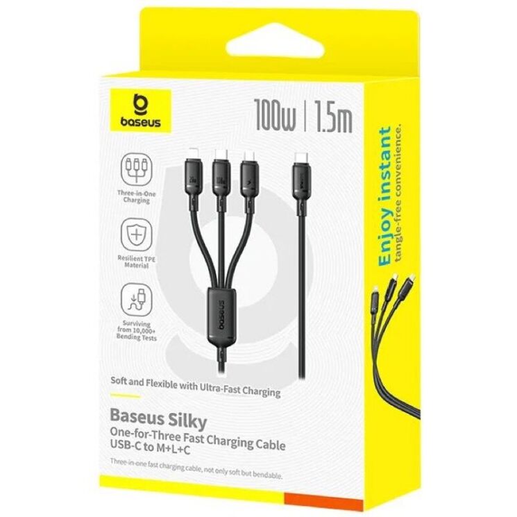 Кабель Baseus Silky 3 in 1 Type-C to Type-C+MicroUSB+Lightning (3.5A, 100W, 1.5m) P10377706123-00 - Black: фото 3 из 11